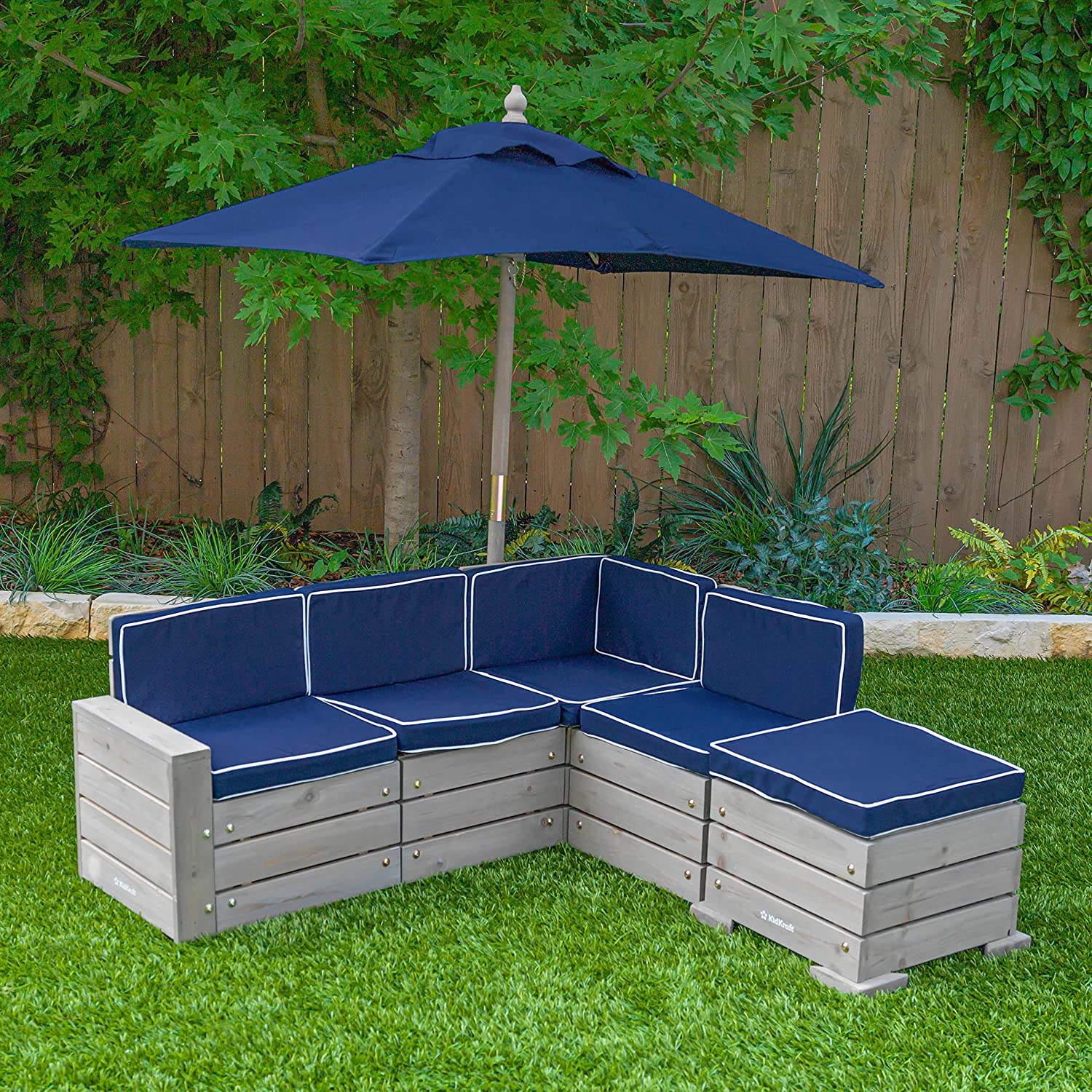 Набор садовой мебели для детей: секционный диван, пуф-стол, зонт, цвет серо-синий  
